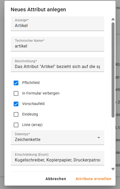 Attribut anlegen: Artikel