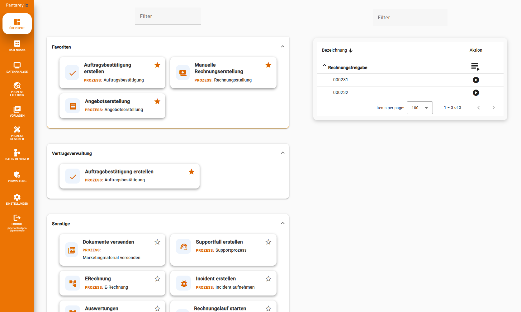 Pantarey Dashboard mit Prozessen und Daten