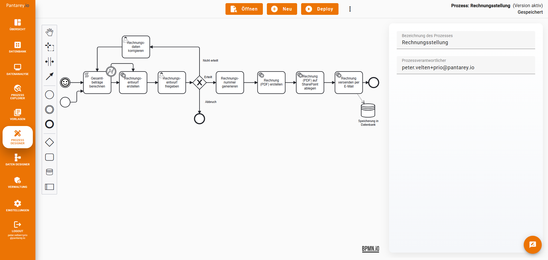 Im Prozess Designer werden Geschäftsabläufe grafisch modelliert. Die Pantarey-Engine führt diese automatisiert aus.